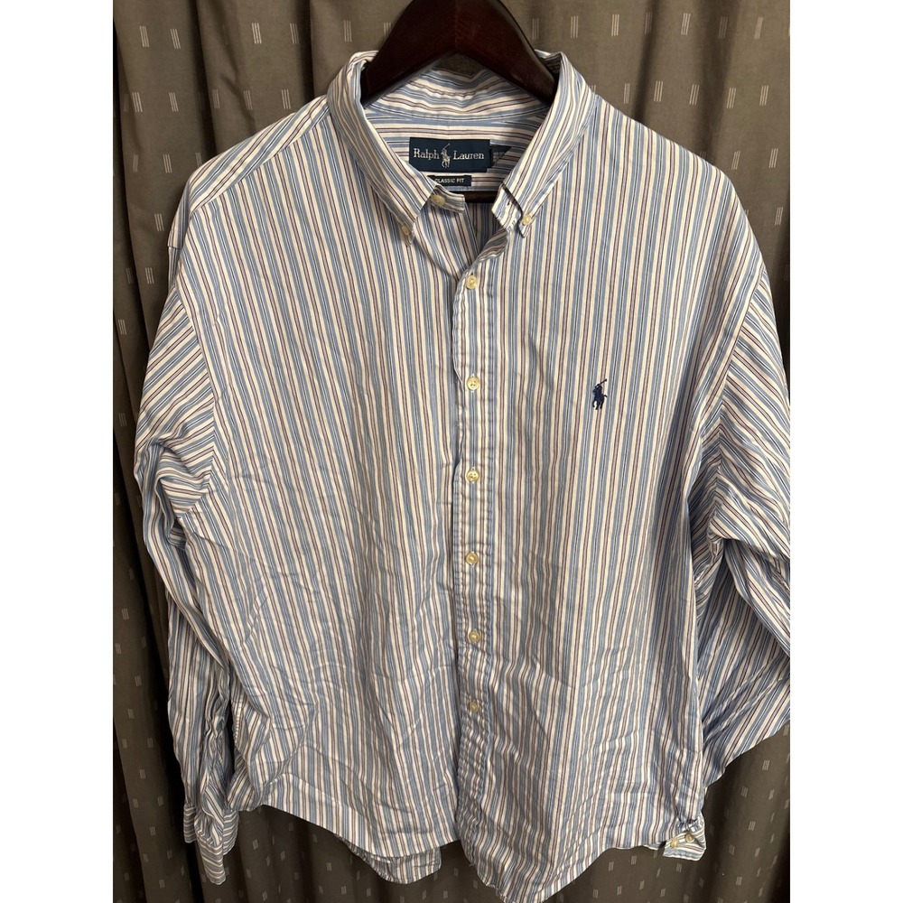 Ralph Lauren Classic Fit Mens 17.5 36/37 Striped Button Down Shirt Blue White